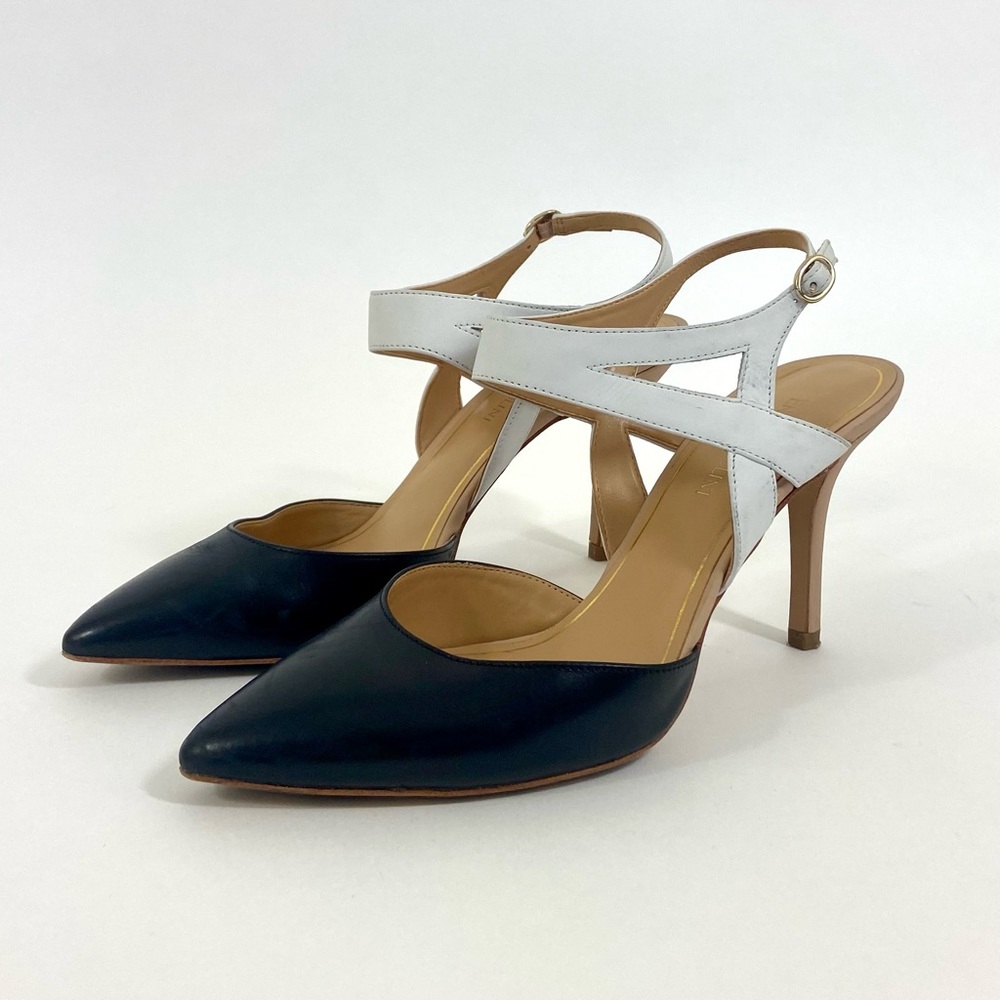 Pointy Black Toe Heels with White Leather Straps